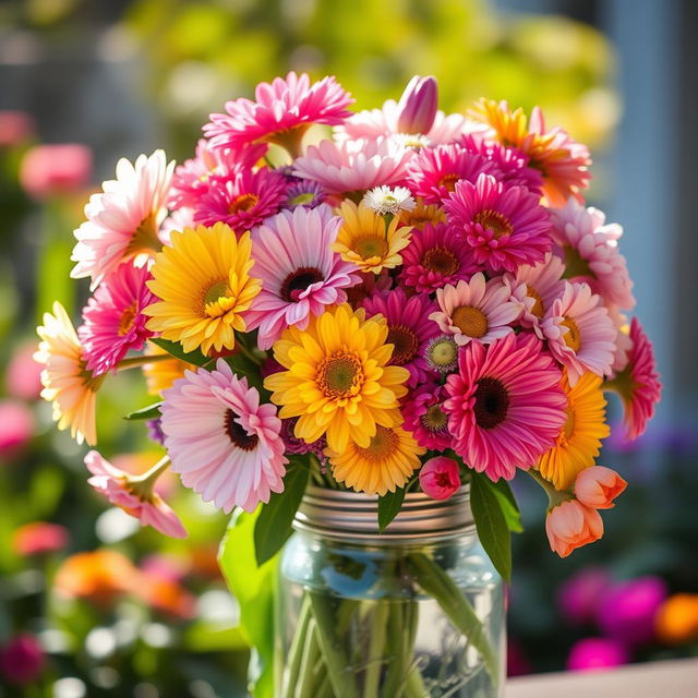 A breathtakingly beautiful bouquet of vibrant posies, featuring a variety of flowers such as peonies, daisies, and tulips in a multitude of colors including pink, yellow, and purple