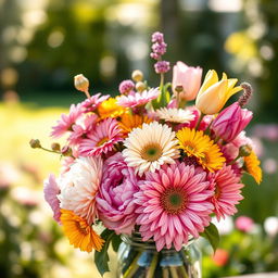 A breathtakingly beautiful bouquet of vibrant posies, featuring a variety of flowers such as peonies, daisies, and tulips in a multitude of colors including pink, yellow, and purple