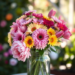A breathtakingly beautiful bouquet of vibrant posies, featuring a variety of flowers such as peonies, daisies, and tulips in a multitude of colors including pink, yellow, and purple
