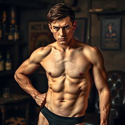 Cillian Murphy as Thomas Shelby from Peaky Blinders, wearing only stylish underwear, striking a confident pose