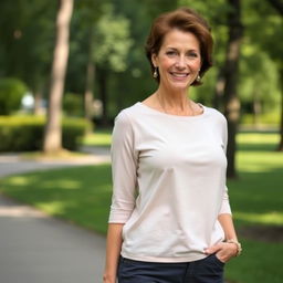 A beautiful, sexy Russian woman aged 45-50 years, showcasing a fashionable hairstyle and a lovely smile