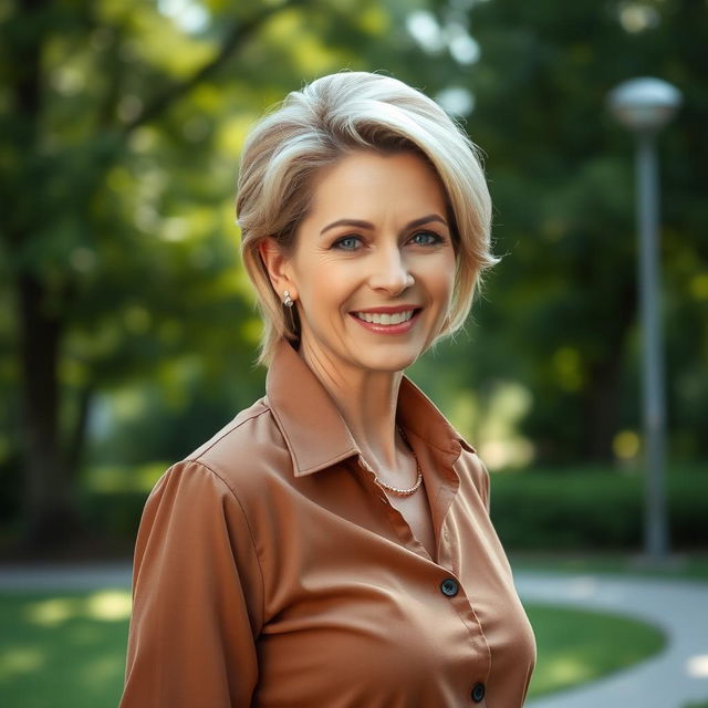 A beautiful, sexy Russian woman aged 45-50 years, showcasing a fashionable hairstyle and a lovely smile