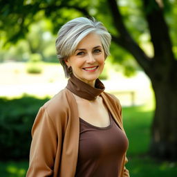 A beautiful, sexy Russian woman aged 45-50 years, showcasing a fashionable hairstyle and a lovely smile