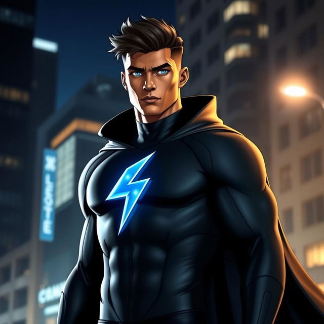 Leon is a tall superhero with an athletic build, bronze skin, and glowing blue eyes