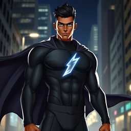 Leon is a tall superhero with an athletic build, bronze skin, and glowing blue eyes