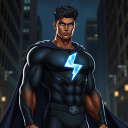 Leon is a tall superhero with an athletic build, bronze skin, and glowing blue eyes