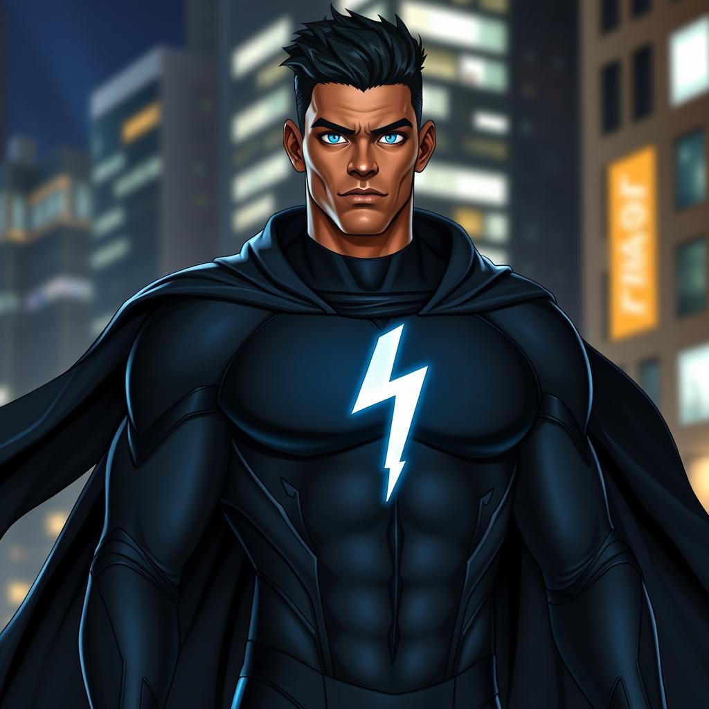 Leon is a tall superhero with an athletic build, bronze skin, and glowing blue eyes