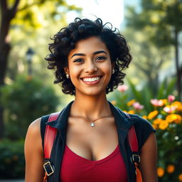 A portrait of a confident and radiant young woman with short, curly black hair and a warm smile, standing in a sunlit urban park