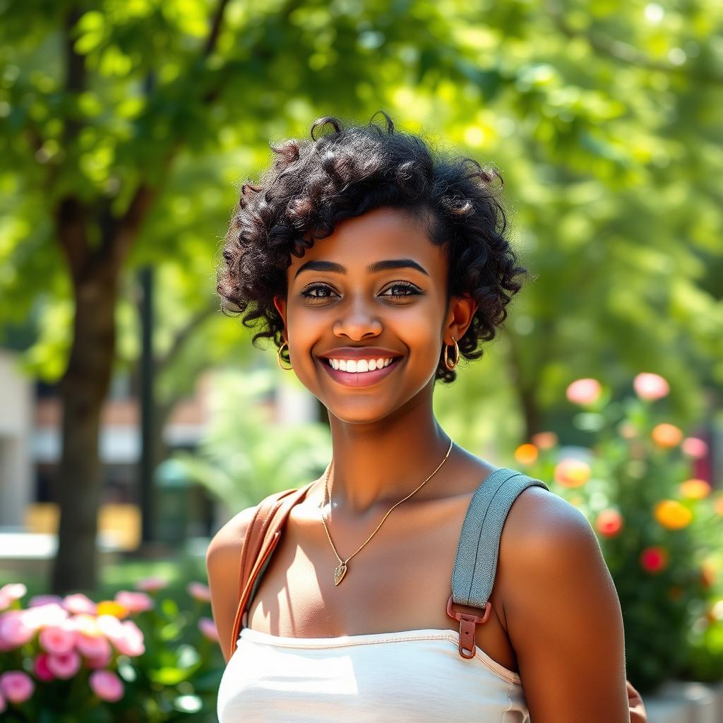 A portrait of a confident and radiant young woman with short, curly black hair and a warm smile, standing in a sunlit urban park