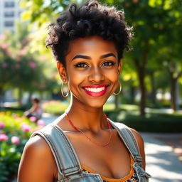A portrait of a confident and radiant young woman with short, curly black hair and a warm smile, standing in a sunlit urban park