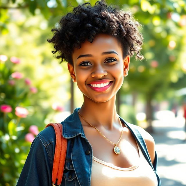 A portrait of a confident and radiant young woman with short, curly black hair and a warm smile, standing in a sunlit urban park