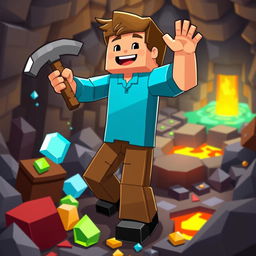 A lively and animated scene featuring a character resembling Steve from a popular block-building video game, joyfully mining in a colorful, pixelated underground environment