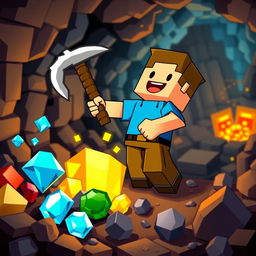 A lively and animated scene featuring a character resembling Steve from a popular block-building video game, joyfully mining in a colorful, pixelated underground environment