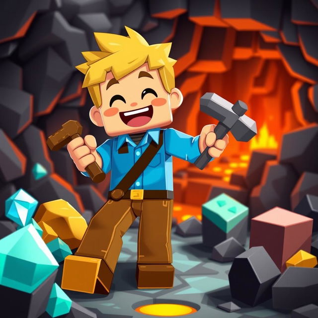 A lively and animated scene featuring a character resembling Steve from a popular block-building video game, joyfully mining in a colorful, pixelated underground environment