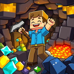 A lively and animated scene featuring a character resembling Steve from a popular block-building video game, joyfully mining in a colorful, pixelated underground environment