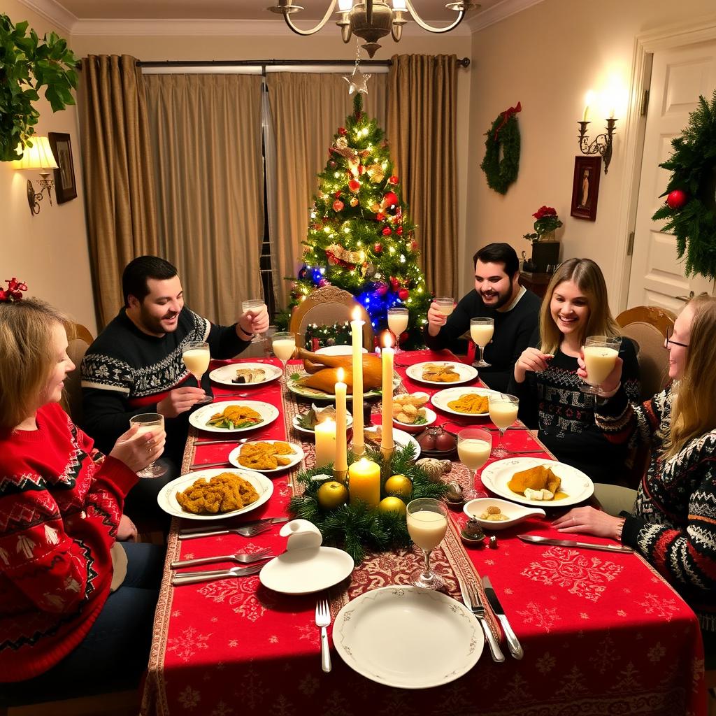 A cozy and festive Christmas dinner scene at Wael's home on a chilly Wednesday evening, featuring a beautifully set dining table adorned with a red and green Christmas tablecloth, elegant silverware, and candles softly illuminating the room