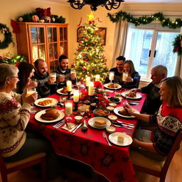 A cozy and festive Christmas dinner scene at Wael's home on a chilly Wednesday evening, featuring a beautifully set dining table adorned with a red and green Christmas tablecloth, elegant silverware, and candles softly illuminating the room