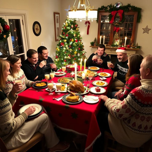 A cozy and festive Christmas dinner scene at Wael's home on a chilly Wednesday evening, featuring a beautifully set dining table adorned with a red and green Christmas tablecloth, elegant silverware, and candles softly illuminating the room