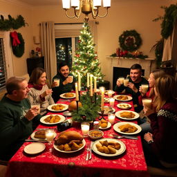 A cozy and festive Christmas dinner scene at Wael's home on a chilly Wednesday evening, featuring a beautifully set dining table adorned with a red and green Christmas tablecloth, elegant silverware, and candles softly illuminating the room
