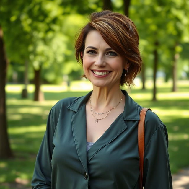 A sexy Russian woman aged 45-50 with a fashionable hairstyle and a beautiful smile, dressed in modest yet stylish clothing