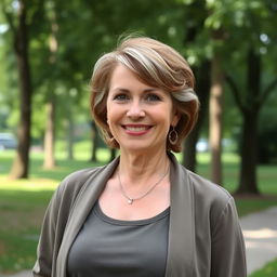 A sexy Russian woman aged 45-50 with a fashionable hairstyle and a beautiful smile, dressed in modest yet stylish clothing