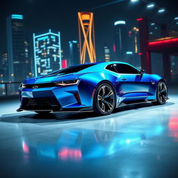 A futuristic 2026 Chevrolet Camaro concept car, featuring a sleek and aerodynamic design with sharp angles and aggressive lines