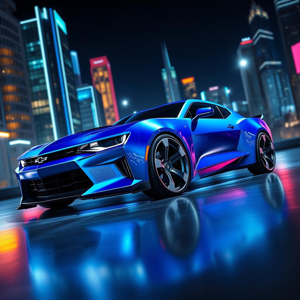 A futuristic 2026 Chevrolet Camaro concept car, featuring a sleek and aerodynamic design with sharp angles and aggressive lines