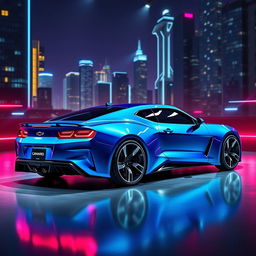 A futuristic 2026 Chevrolet Camaro concept car, featuring a sleek and aerodynamic design with sharp angles and aggressive lines