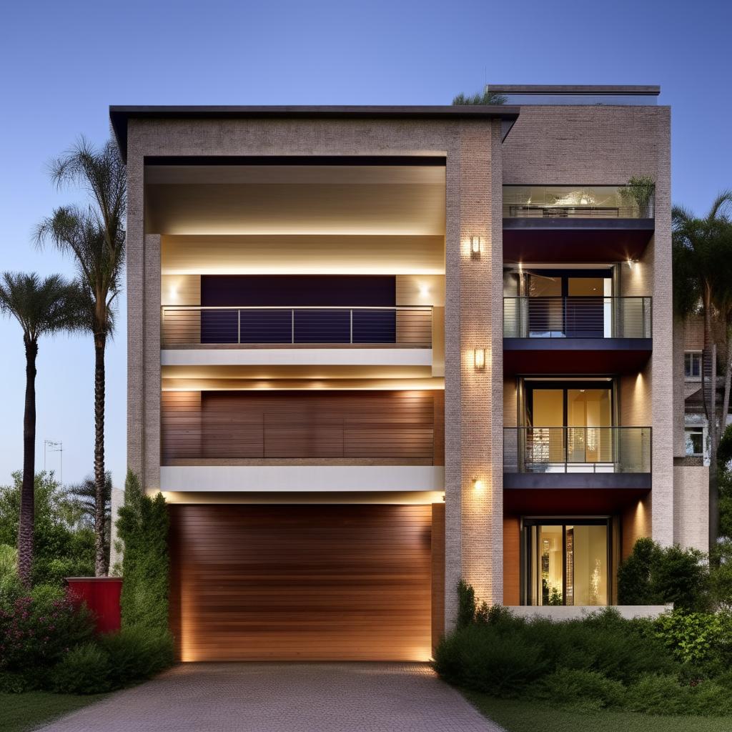 An architecturally stunning three-story building measuring 100ft by 30ft with an elegantly designed garage on the right side. The garage also houses a beautiful staircase leading to the upper floors.