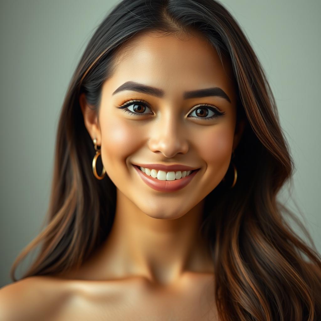 A high-quality portrait of a woman with radiant skin and striking features, showcasing her large, expressive eyes and a warm smile