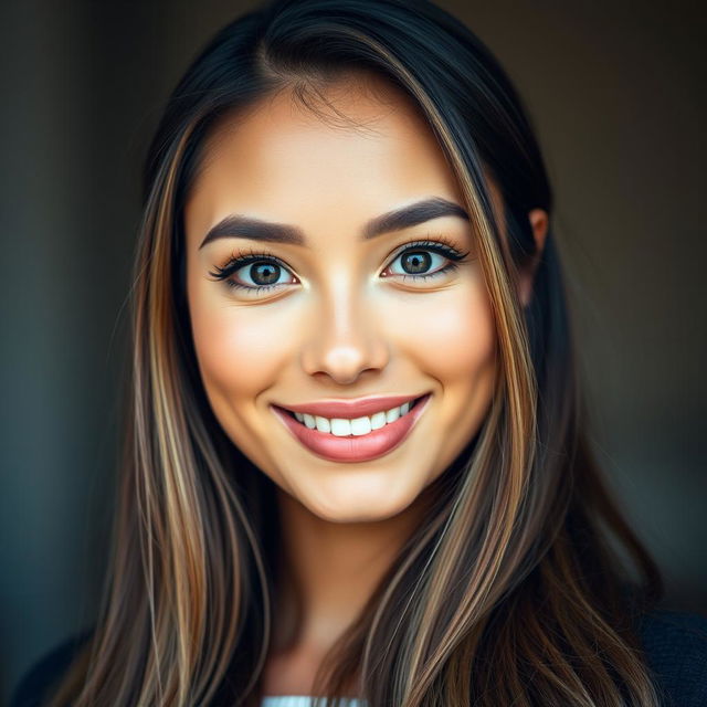 A high-quality portrait of a woman with radiant skin and striking features, showcasing her large, expressive eyes and a warm smile