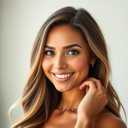 A high-quality portrait of a woman with radiant skin and striking features, showcasing her large, expressive eyes and a warm smile