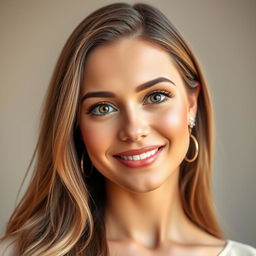 A high-quality portrait of a woman with radiant skin and striking features, showcasing her large, expressive eyes and a warm smile