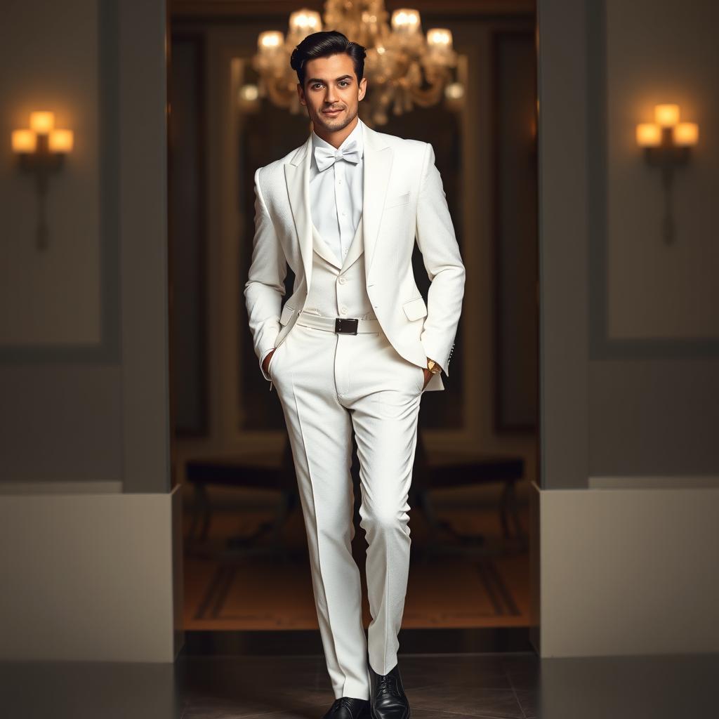 A stylish and elegant white formal outfit featuring a well-tailored suit, crisp white shirt, and a sleek bow tie