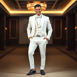 A stylish and elegant white formal outfit featuring a well-tailored suit, crisp white shirt, and a sleek bow tie
