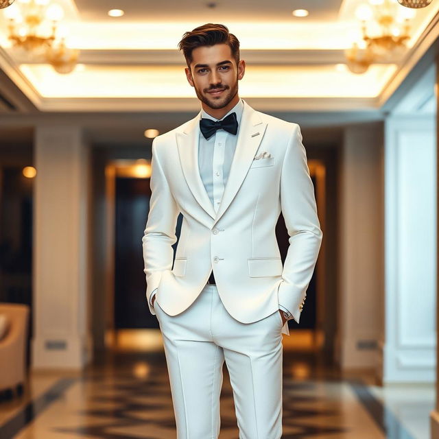 A stylish and elegant white formal outfit featuring a well-tailored suit, crisp white shirt, and a sleek bow tie