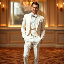 A stylish and elegant white formal outfit featuring a well-tailored suit, crisp white shirt, and a sleek bow tie