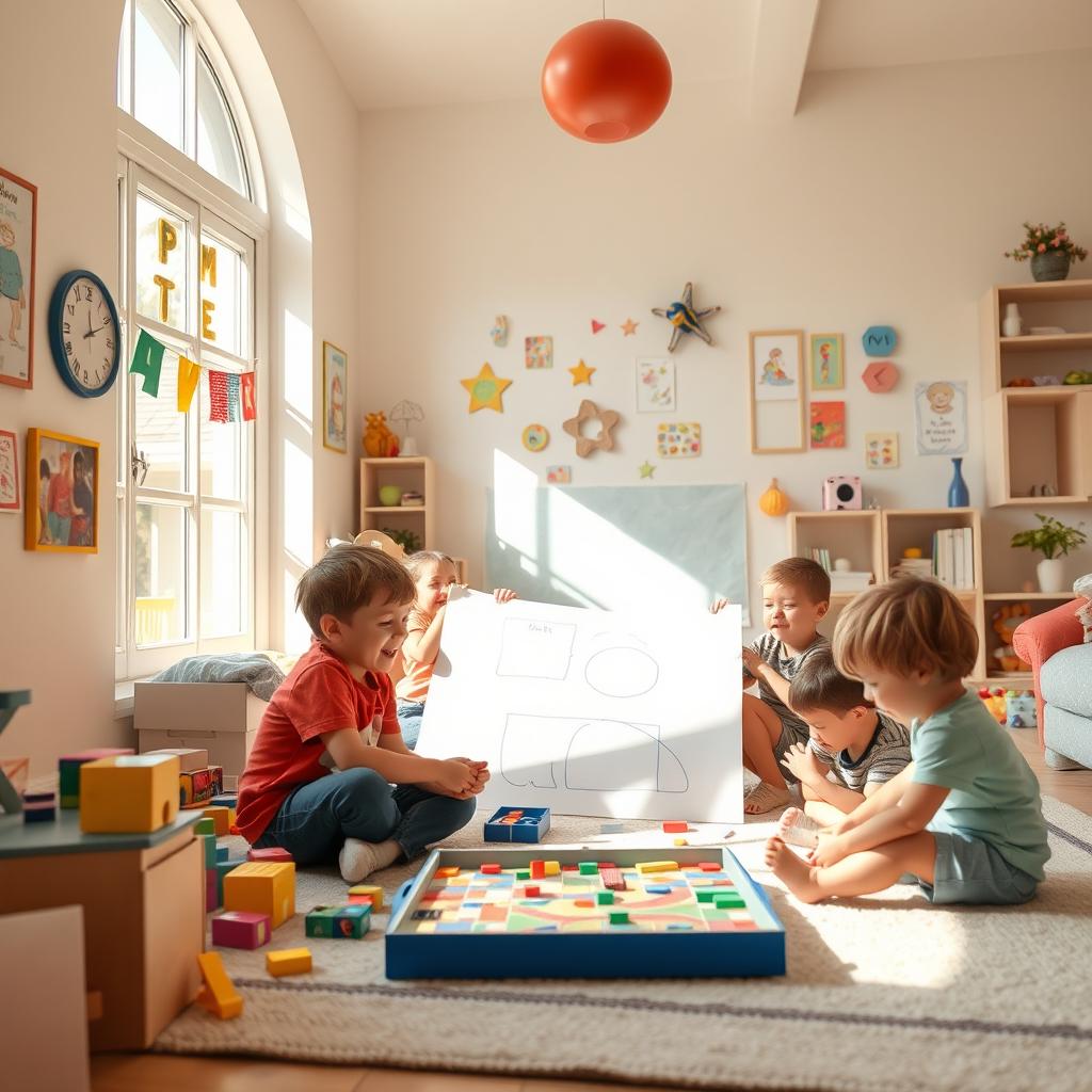 A lively indoor scene featuring a group of children joyfully playing together