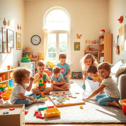 A lively indoor scene featuring a group of children joyfully playing together