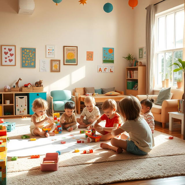 A lively indoor scene featuring a group of children joyfully playing together