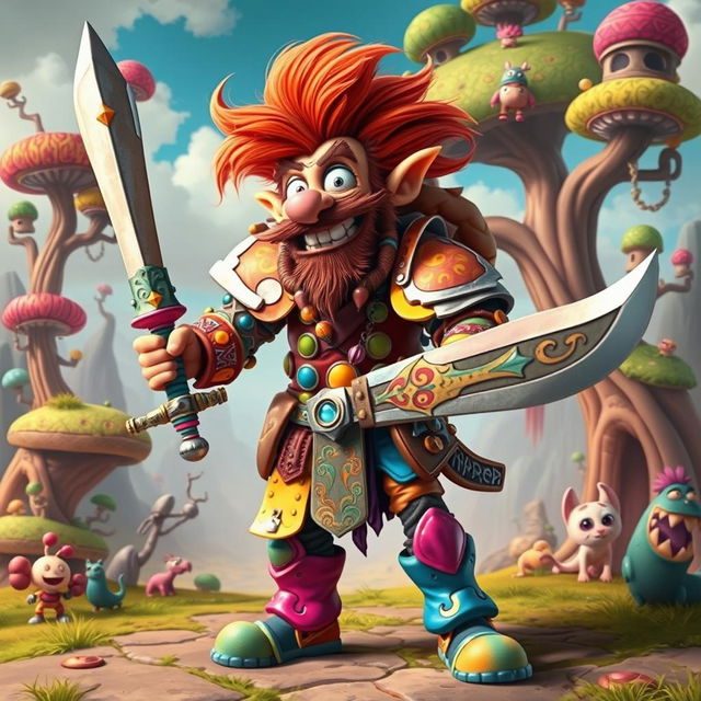 A colorful and eccentric wacky warrior character, dressed in a mismatched assortment of armor pieces, featuring bright colors and whimsical patterns