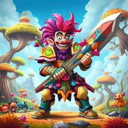 A colorful and eccentric wacky warrior character, dressed in a mismatched assortment of armor pieces, featuring bright colors and whimsical patterns