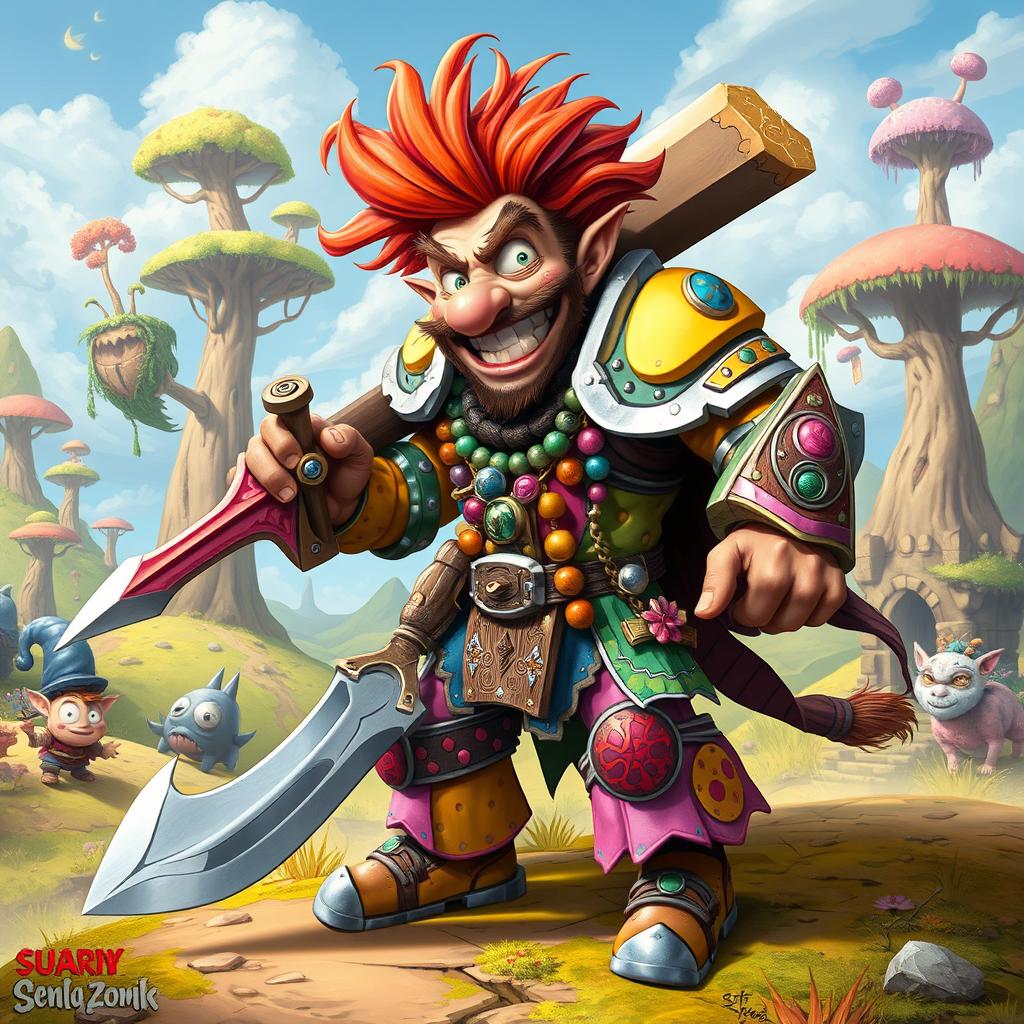 A colorful and eccentric wacky warrior character, dressed in a mismatched assortment of armor pieces, featuring bright colors and whimsical patterns