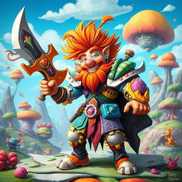 A colorful and eccentric wacky warrior character, dressed in a mismatched assortment of armor pieces, featuring bright colors and whimsical patterns