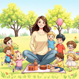 A loving mother with her 20 children, showcasing a joyful family scene in a bright, sunny outdoor park