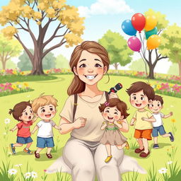A loving mother with her 20 children, showcasing a joyful family scene in a bright, sunny outdoor park