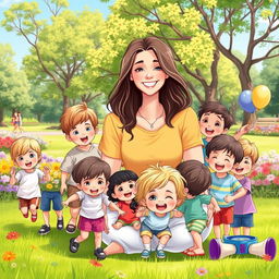 A loving mother with her 20 children, showcasing a joyful family scene in a bright, sunny outdoor park