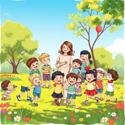 A loving mother with her 20 children, showcasing a joyful family scene in a bright, sunny outdoor park