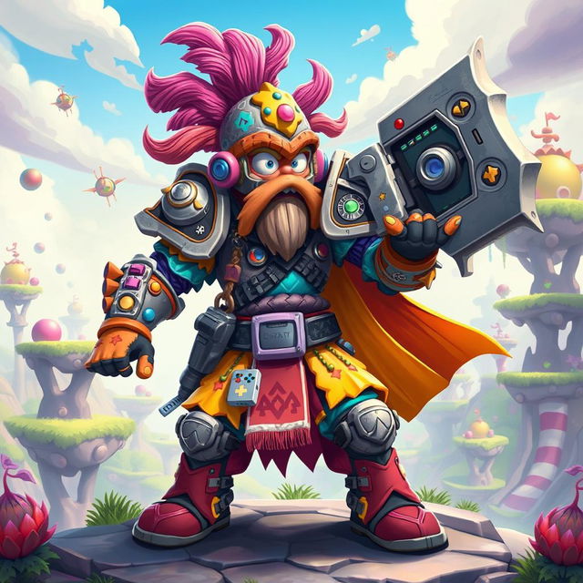 A wacky warrior character designed for a gamer, featuring a colorful and eccentric outfit with mismatched armor pieces, wild patterns, and bright colors