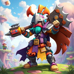 A wacky warrior character designed for a gamer, featuring a colorful and eccentric outfit with mismatched armor pieces, wild patterns, and bright colors
